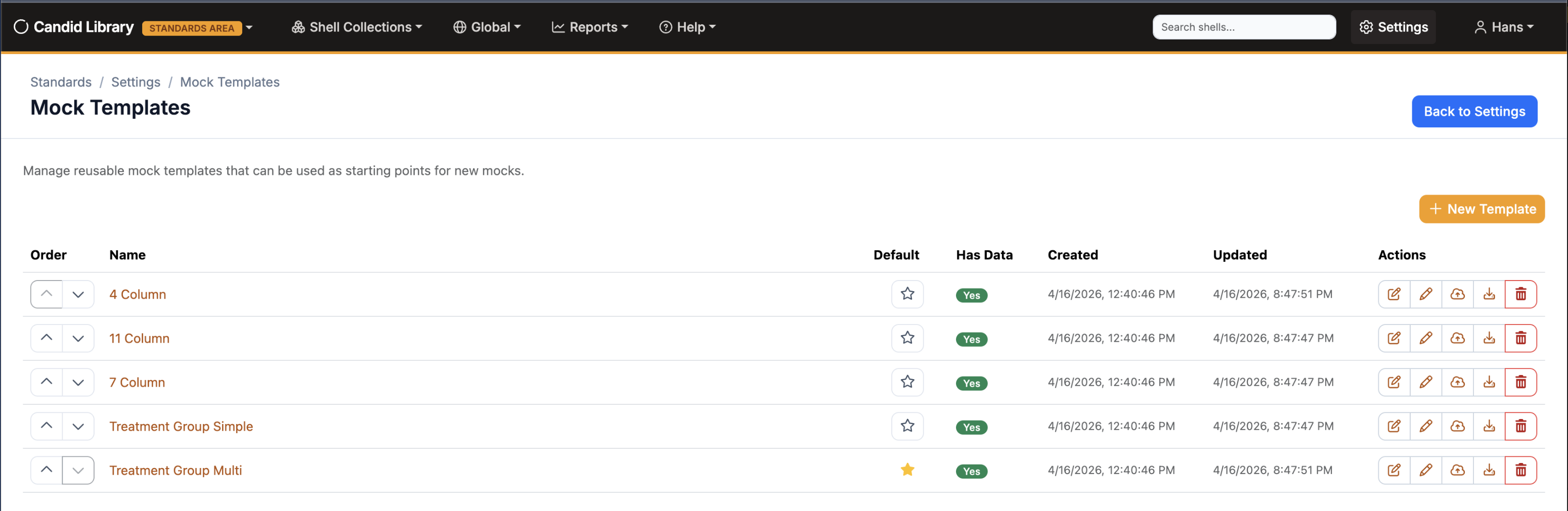 Mock template selection with built-in and custom templates