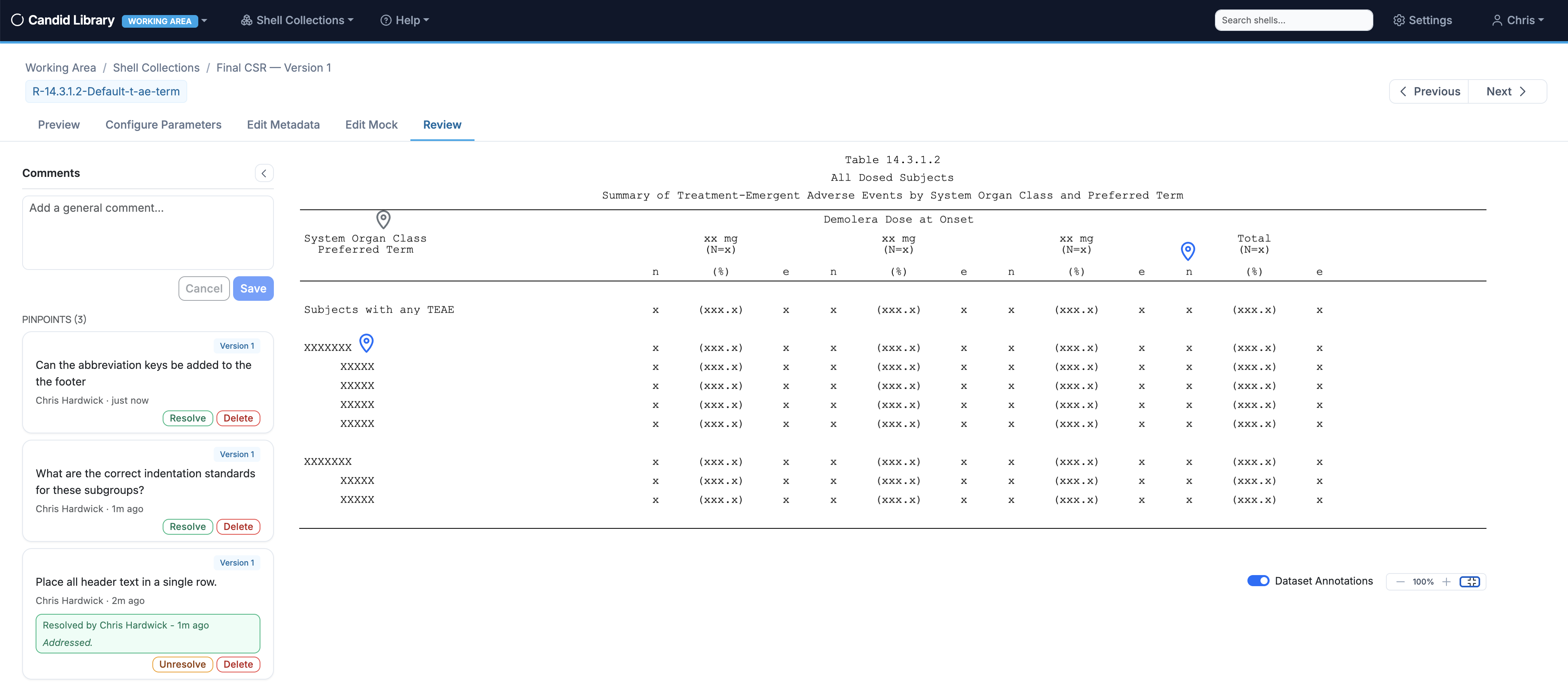 Pinpoint review annotations on a mock table
